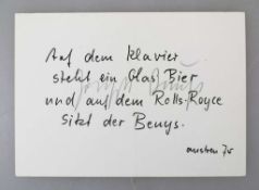 Joseph BEUYS (1921-1986), Postkarte mit Druck eines Zitats Beuys', mit Bleistift signiert, Anstreu