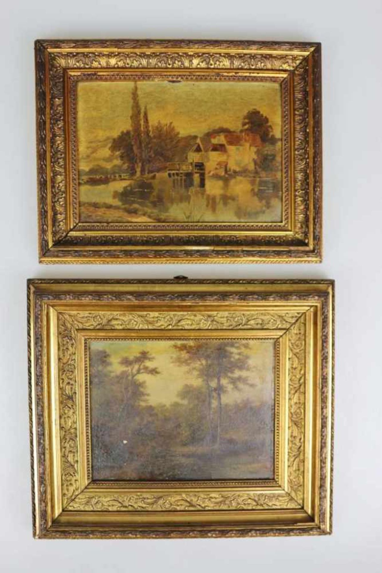 Paar Gemälde, Öl auf Hartfaser, ländliche Szenerien. Maße: ca. 20 x 30 cm. Gute Rahmung.