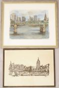 Ferry AHRLE (1924), zwei Blatt: Ansicht der Skyline von Frankfurt, Farblithographie, im Stein