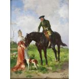 Gerhard Hans BÜTTNER (XIX), Edelmann auf Pferd mit galanter Dame und Hund, Öl auf Platte, unten