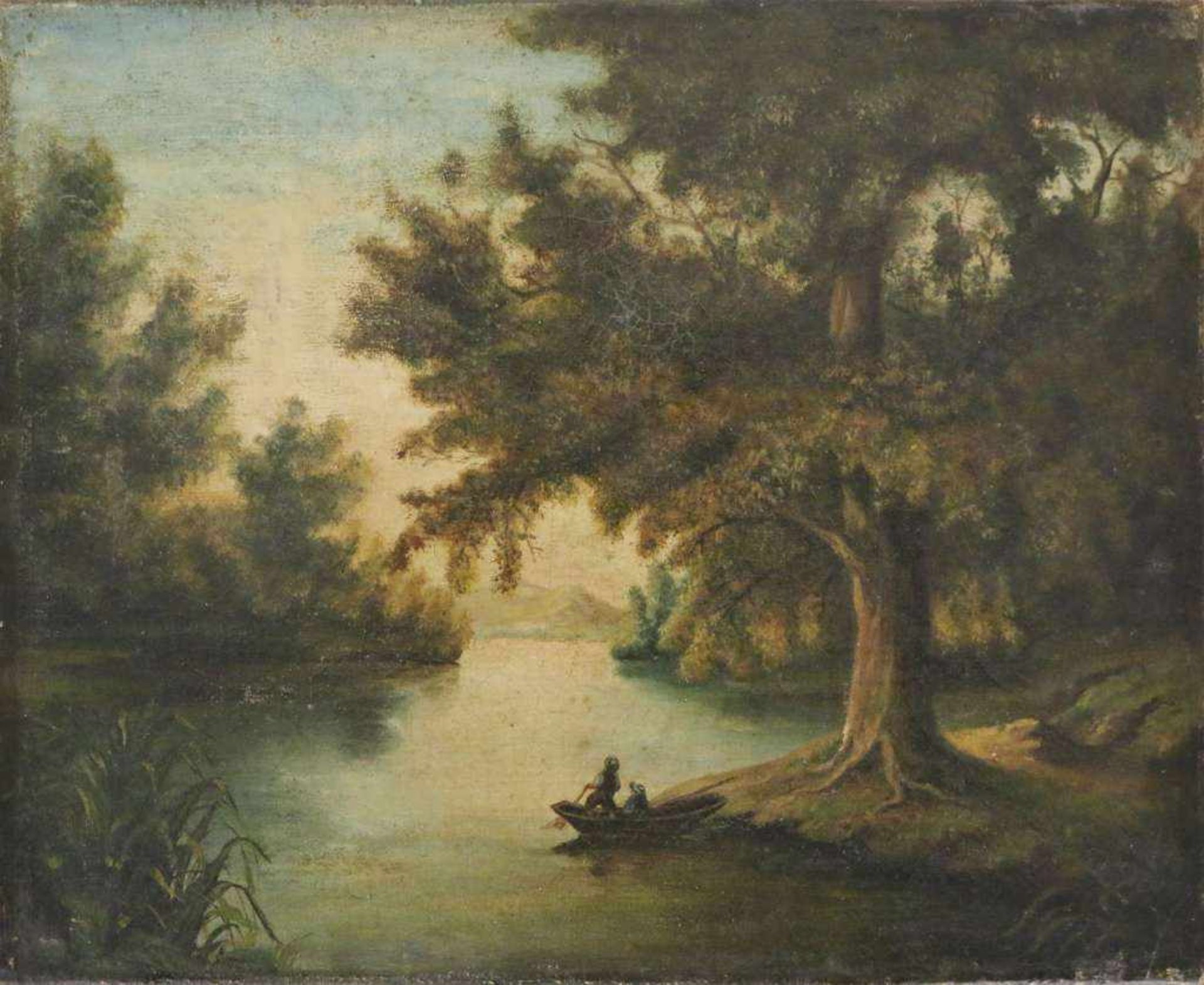 Eugène Henri MILLET (XIX) zugeschrieben, waldliche Flußlandschaft mit Personenstaffage, Öl auf