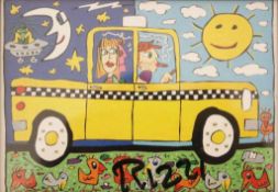 James RIZZI (1950-2011), "A Taxi and some Pigeons", Postkarte, u. mittig sign. mit Filzstift,