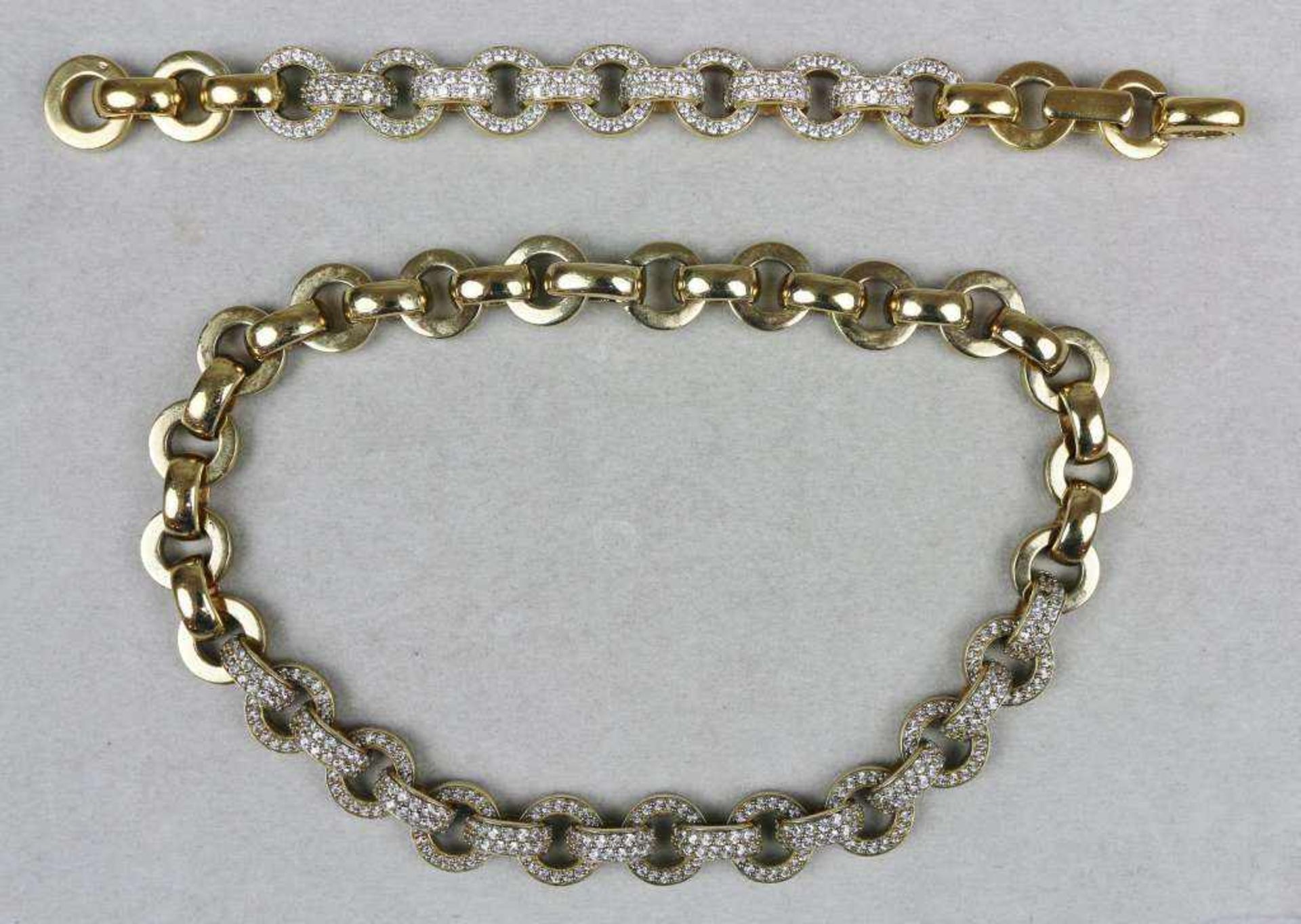 Halskette und Armband, Gliederketten mit Diamantsplitterersatz, kreis- und halbkreisförmigen Glieder