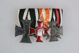 Ordensspange Kaiserreich mit 3 Auszeichnungen. Eisernes Kreuz 1914 2 Klasse, Hanseatenkreuz