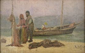 Karl HEFFNER (1849-1925), Öl auf Karton, Fischer am Strand, u.re. sign., Maße: ca. 19 x 27 cm,