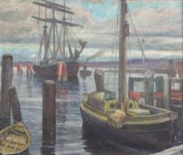 Erich GRUBE (1890-1952), Öl auf Leinwand, u.re. sign., Schiffe im Hafenbecken am Abend. Breiter