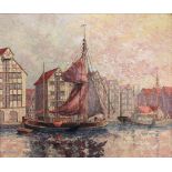 Claus WENSKUS (1891-1966), Gemälde, u.l.sign, Plattbodenschiffe im Hamburger Hafen im Abendlicht.
