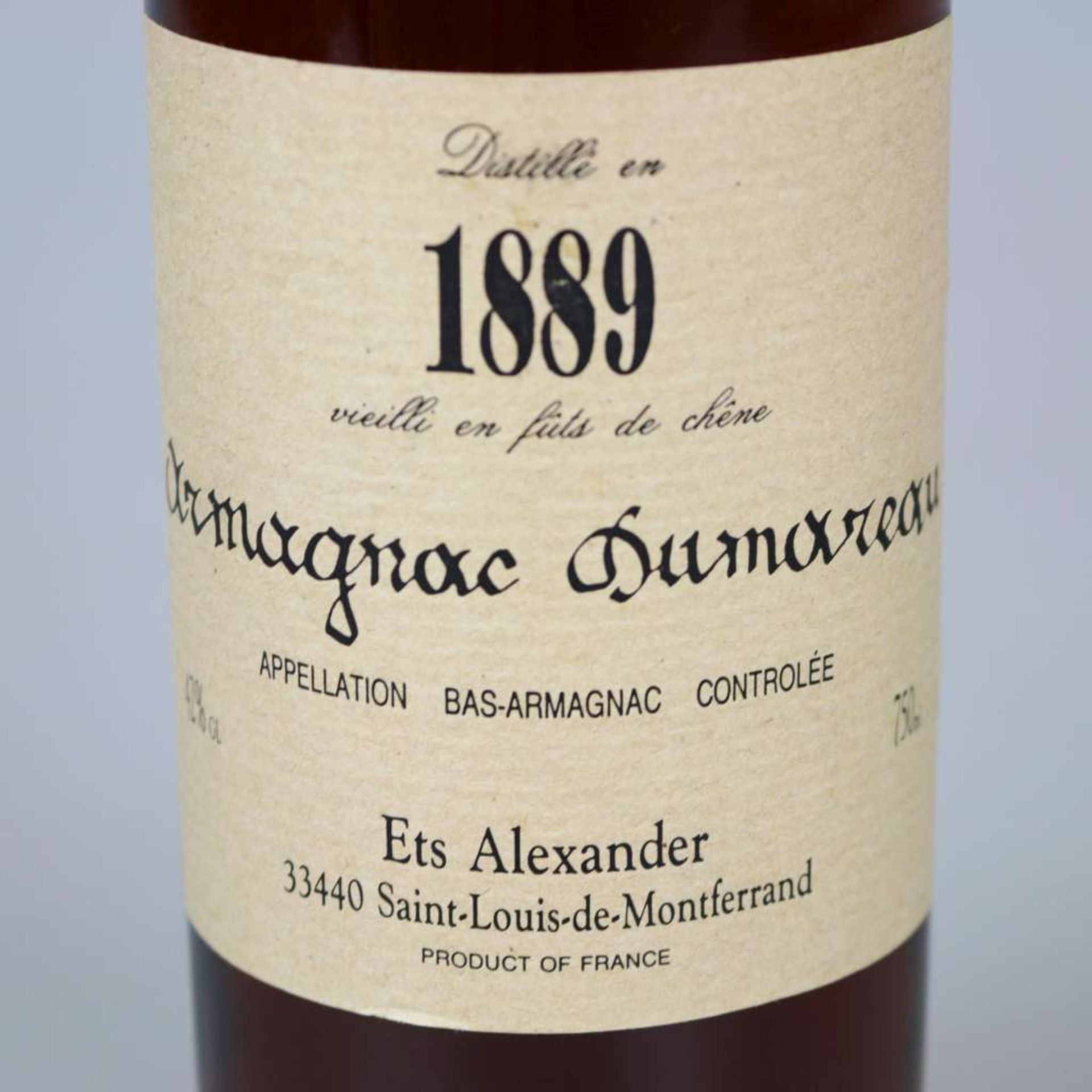 Armagnac, 1 Flasche, 750 ml, Jahrgang 1889, Hersteller: Ets Alexander, Bezeichnung: Armagnac - Bild 2 aus 2