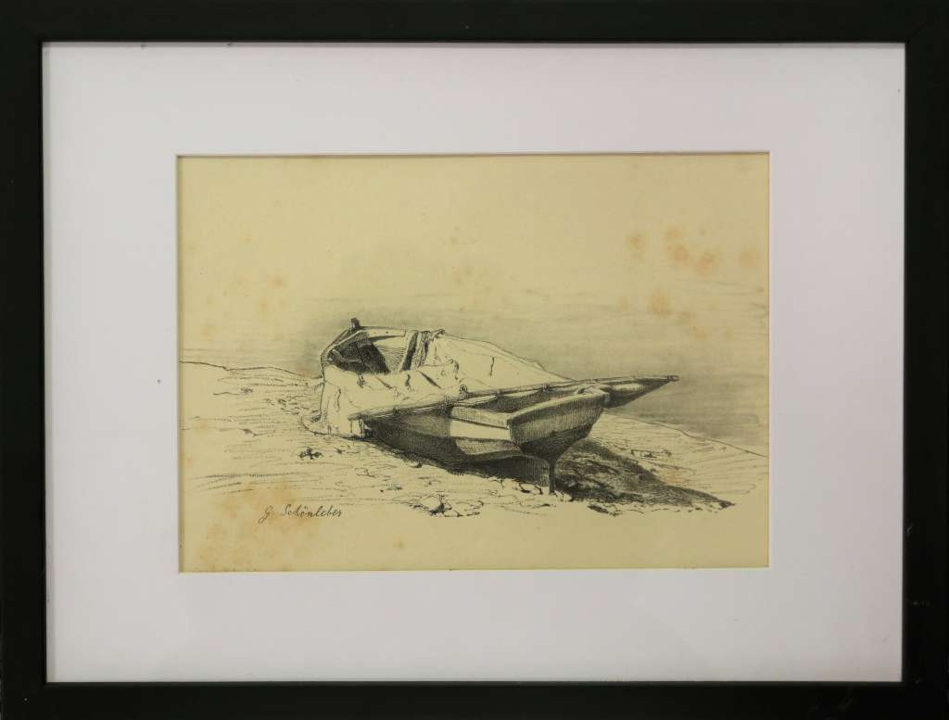 Gustav SCHÖNLEBER (1851-1917), Lithographie, u.li. im Druck sign. G. Schönleber, Boot am Strand, - Bild 2 aus 3