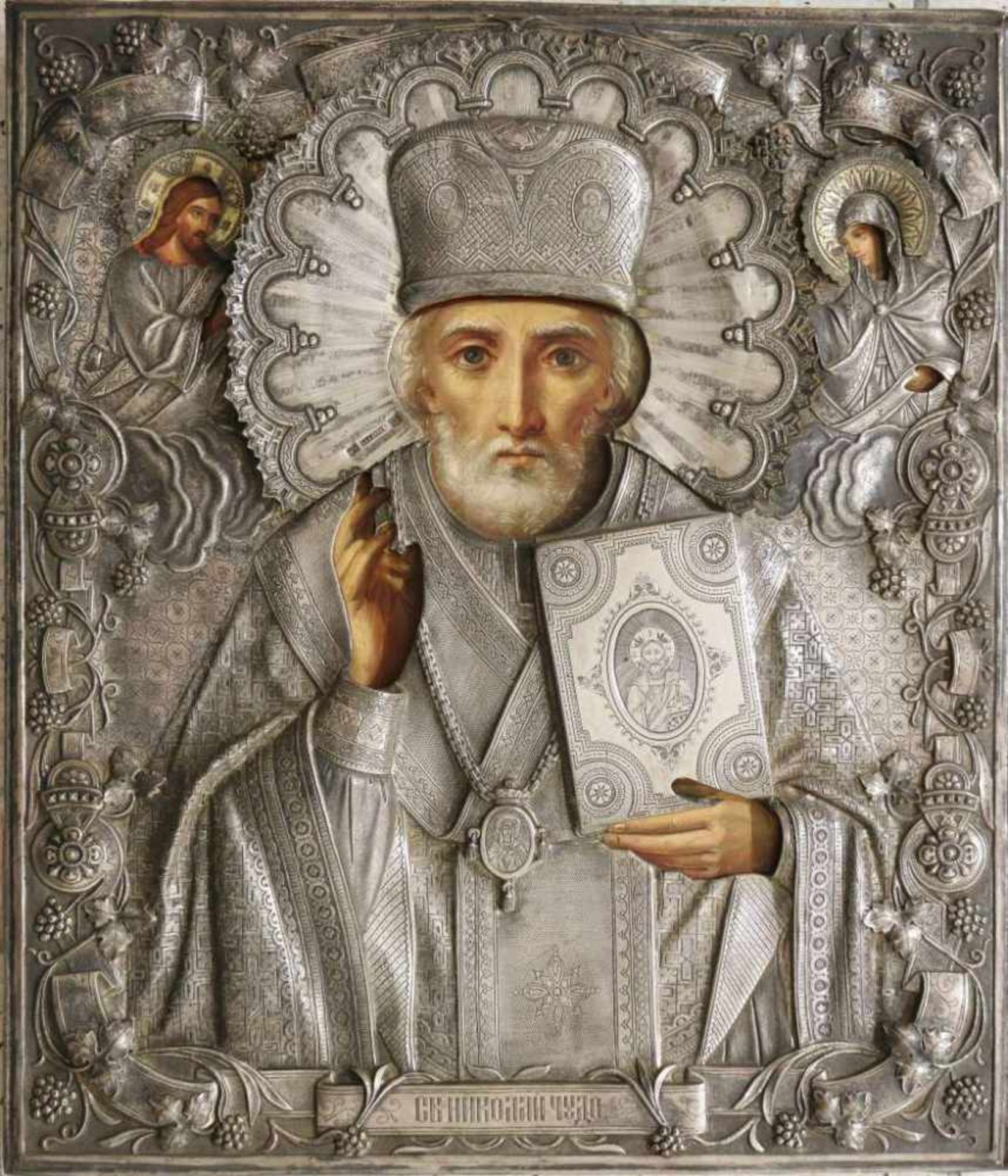 Große Ikone mit Silber-Oklad, Darstellung Nikolaus von Myra, Russland, Ende 19. Jh., wohl