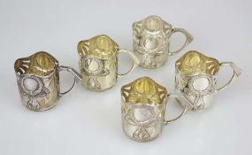 Fünf Teehalter, 800er Silber, Jugendstil, Dianakopfpunze, Österreich/ Wien, Becher ohne Glaseinsatz,