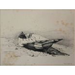 Gustav SCHÖNLEBER (1851-1917), Lithographie, u.li. im Druck sign. G. Schönleber, Boot am Strand,