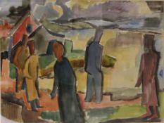 Heinrich WILDEMANN (1904-1964), Aquarell "Figuren in einer Landschaft mit Häusern", signiert und