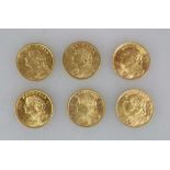 6 Goldmünzen Schweiz, Vreneli 20 Franken, je 6,452 g, 90 % Gold, 10 % Kupfer, D.: 21,0 mm.