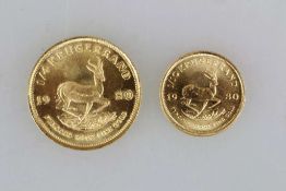 2 Goldmünze Krügerrand Südafrika ¼ oz, 22 Karat, 8,482 g, D.: 22,06 mm, Jahrgang 1980 und Krügerrand