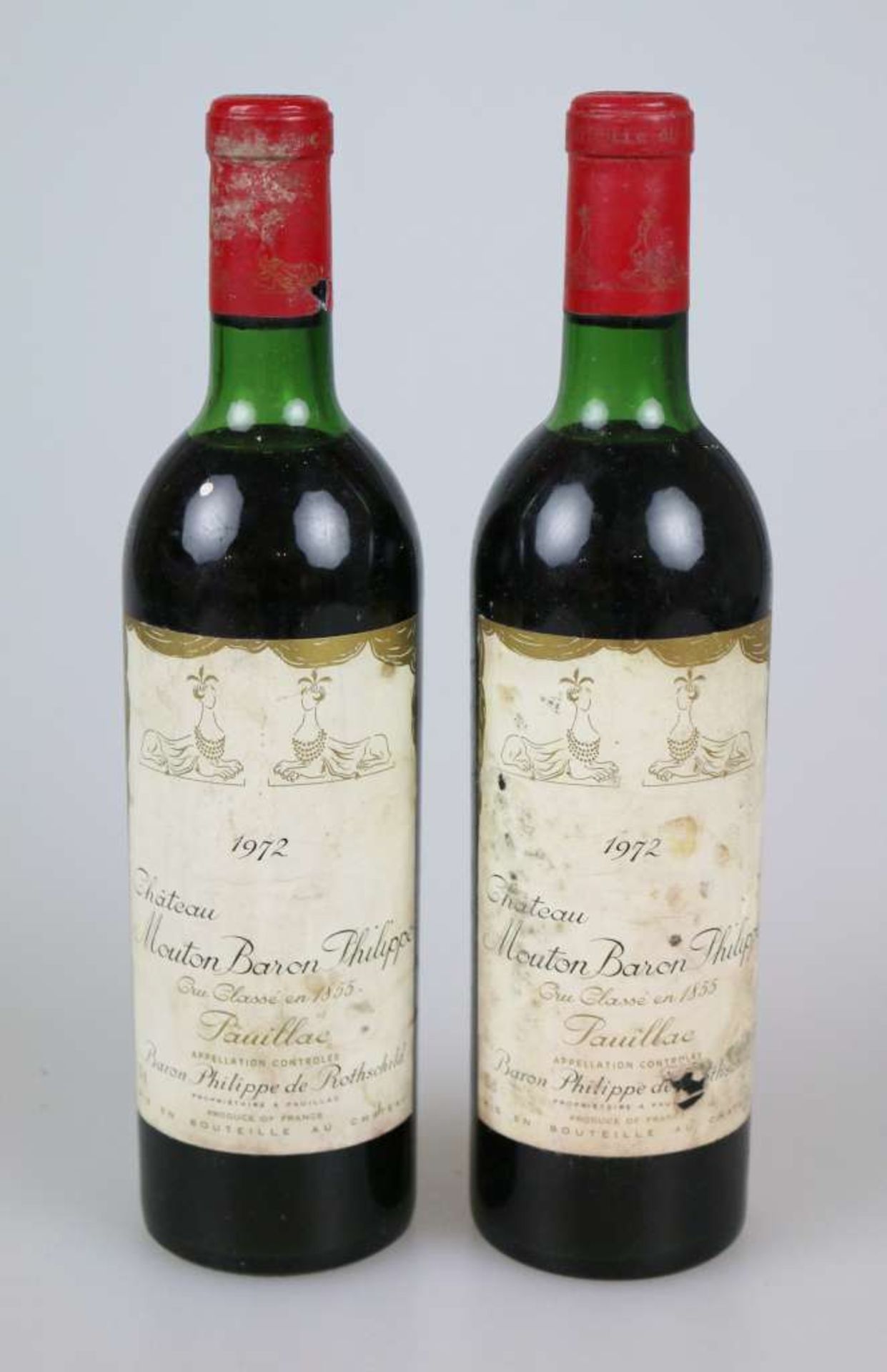 Rotwein, 2 Flaschen Château Baron Philippe, Pauillac, 1972, 0,73 L. 2x top shoulder. Etikett