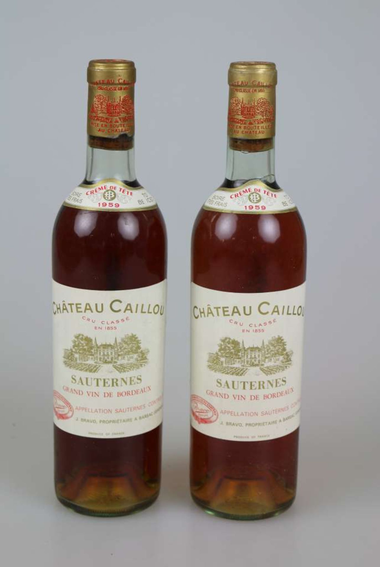 Süßwein, 2 Flaschen Château Caillou, 1959, 0,73 L. 2x top shoulder. Der Wein stammt aus einer