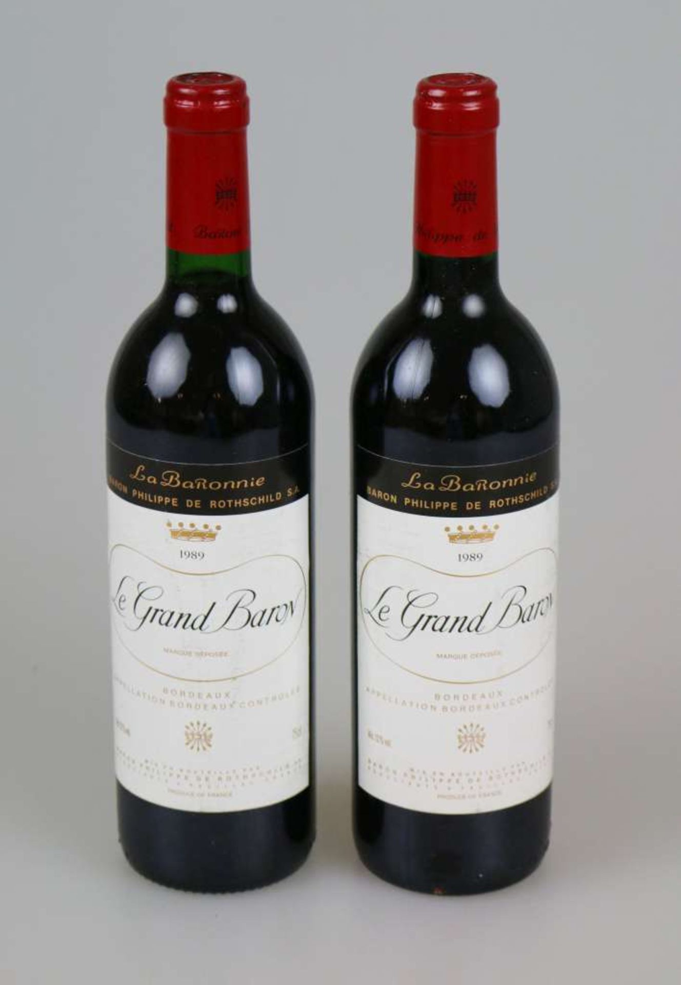 Rotwein, 2 Flaschen La Grand Baron, La BaRonnie, Baron Philippe de Rothschild, 1989, 0,75 L. Top