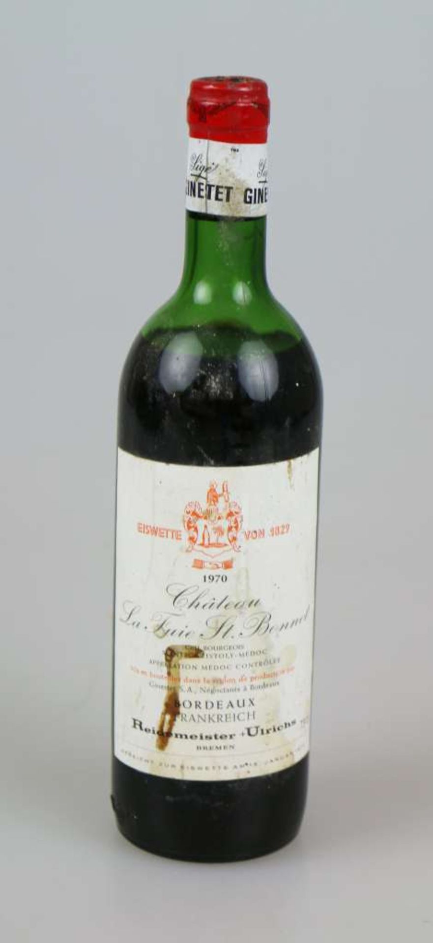 Rotwein, Flasche Château La Fuie St. Bonnet, Cru Bourgeois, Saint-Christoly-Médoc, 1970, 0,75 L. Mid