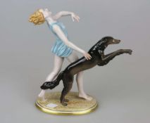 Art Deco Skulptur, Mädchen mit Saluki, Rosenthal Porzellan, nach Entwurf von Gustav OPPEL (1891-