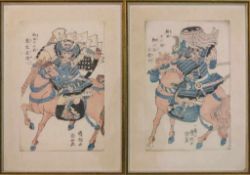 Japan, 19. Jh., 2 colorierte Drucke mit Darstellung von kämpfenden, berittenen Samurai, signiert,