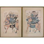 Japan, 19. Jh., 2 colorierte Drucke mit Darstellung von kämpfenden, berittenen Samurai, signiert,