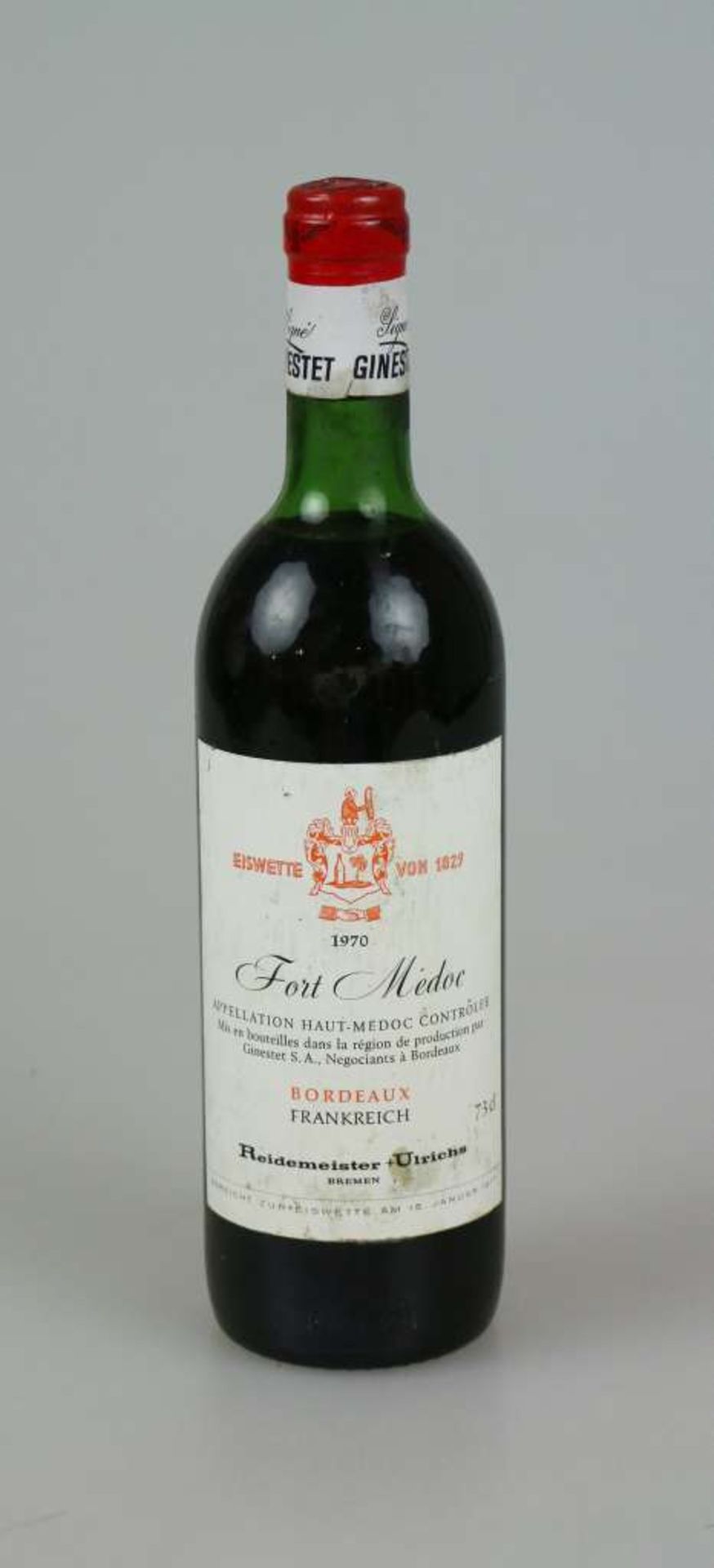 Rotwein, Flasche Fort Medoc, 1970, 0,73 L. Top shoulder, Etikett beschädigt. Der Wein stammt aus