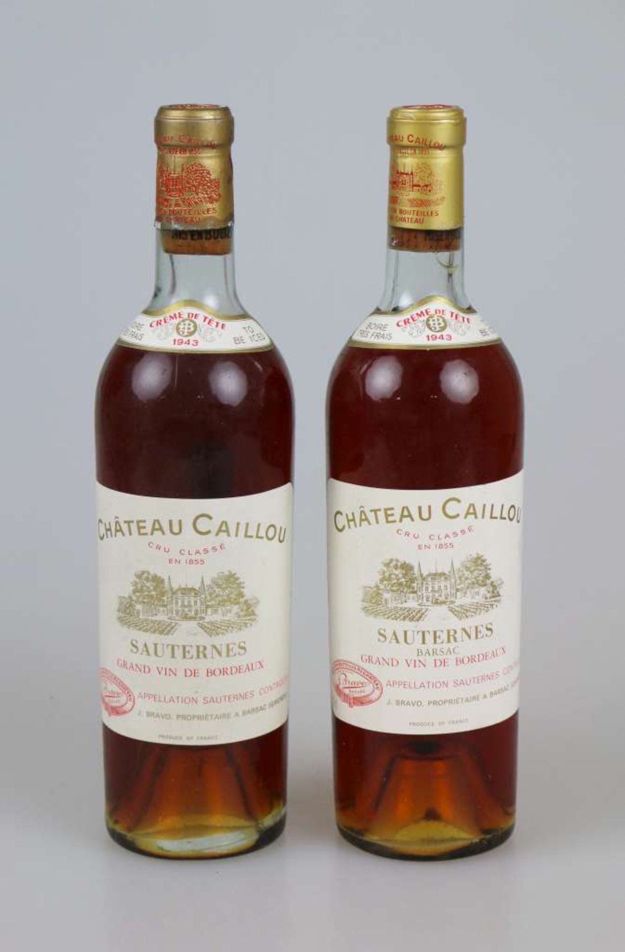 Süßwein, 2 Flaschen Château Caillou, 1943, 0,73 L. Top shoulder. Der Wein stammt aus einer