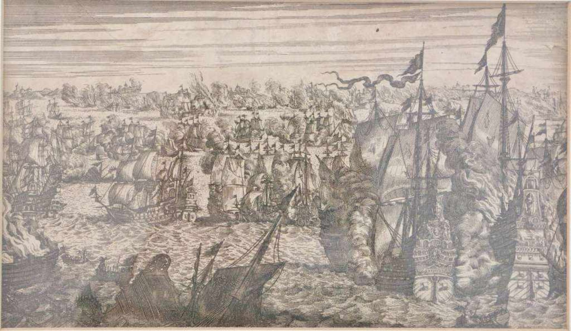 Kupferstich, 17. Jh., Darstellung einer Seeschlacht, vermutlich zwischen Spaniern und Holländern,