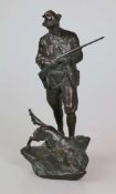 Heinz MÜLLER (1872-1937), Bronze Skulptur "Jäger mit Flinte und Jagdhund", auf naturalistisch