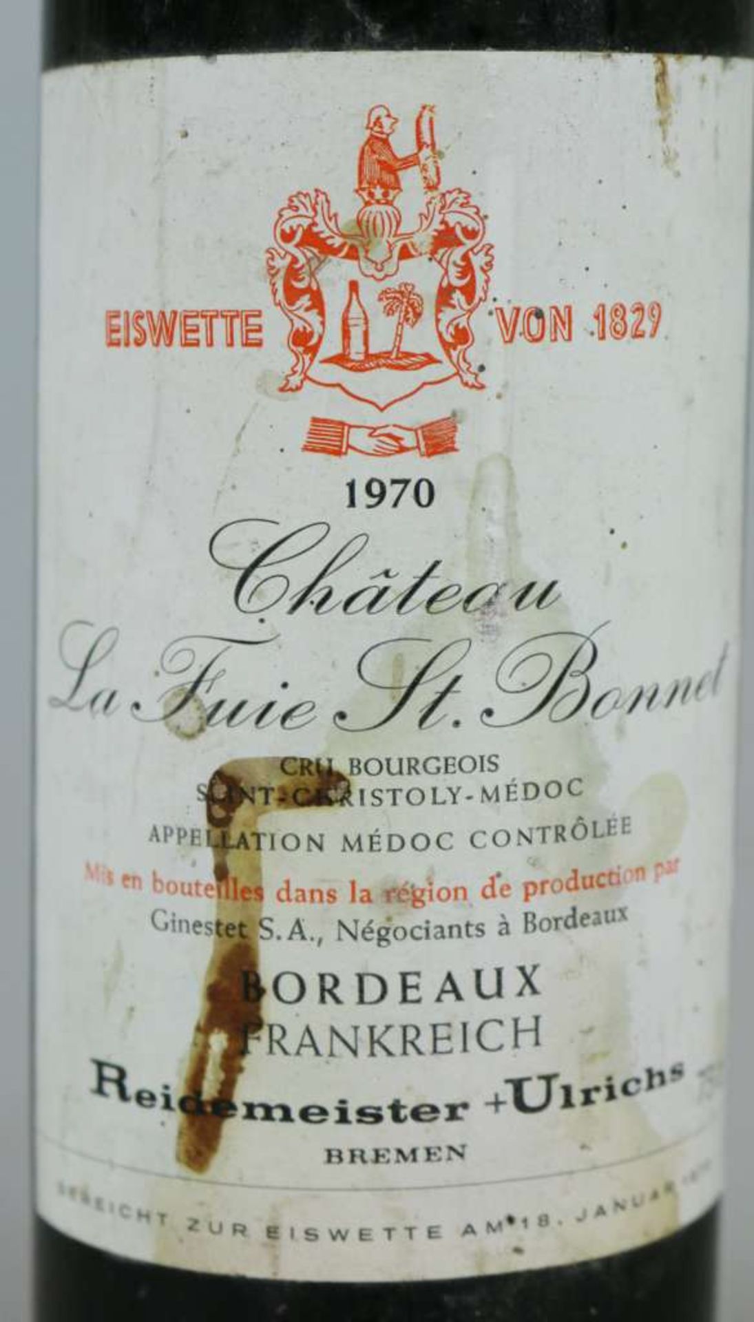 Rotwein, Flasche Château La Fuie St. Bonnet, Cru Bourgeois, Saint-Christoly-Médoc, 1970, 0,75 L. Mid - Bild 2 aus 3