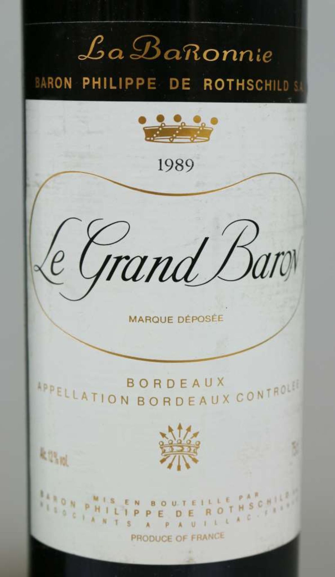 Rotwein, 2 Flaschen La Grand Baron, La BaRonnie, Baron Philippe de Rothschild, 1989, 0,75 L. Top - Bild 2 aus 3