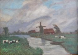 Otto MODERSOHN (1865-1943), Öl auf Leinwand, Flusslandschaft mit Mühle und Kühen, u.li. monogr.