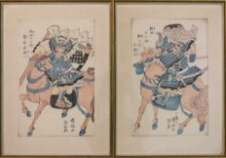 Japan, 19. Jh., 2 colorierte Drucke mit Darstellung von kämpfenden, berittenen Samurai, signiert,