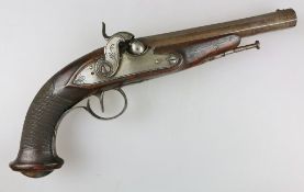 Perkussionspistole, wohl Belgien um 1850. Achtkantiger Lauf im Kaliber 14 mm. Auf dem Lauf ELG-