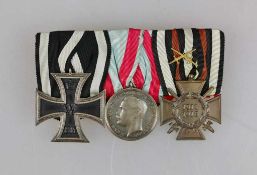 Ordensschnalle mit 3 Auszeichnungen, Eiserne Kreuz 2. Klasse 1914, Hessen Tapferkeitsmedaille und