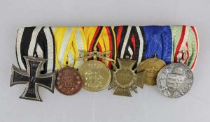 Ordensschnalle mit 6 Auszeichnungen, EK 2, Sachsen Friedrich August Medaille in Bronze, Reuß goldene
