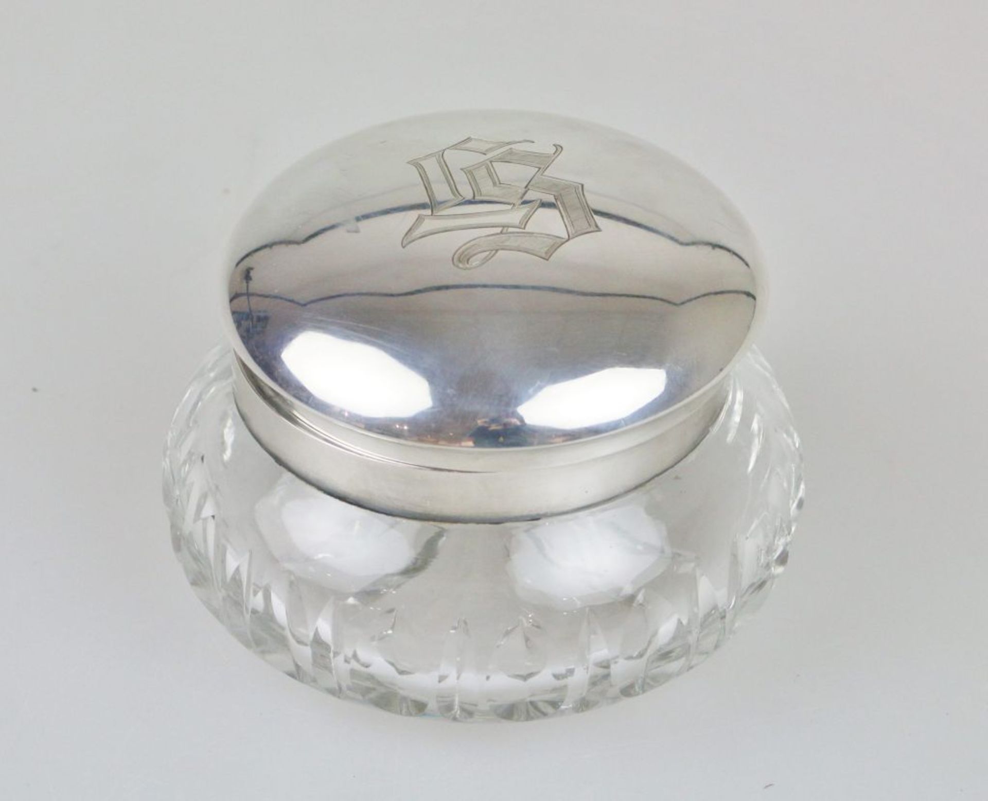 Glasbonbonière mit Silbermontur, 835er Silber, Deutschland, 20. Jh., farbloses Glas, runde,