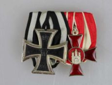 Ordensschnalle mit 2 Auszeichnungen, Eiserne Kreuz 2. Klasse 1914 und Hamburg Hanseatenkreuz,
