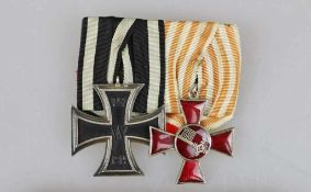 Ordensschnalle mit 2 Auszeichnungen, Eiserne Kreuz 2. Klasse 1914 und Bremen Hanseatenkreuz,