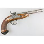 Perkussionspistole um 1845. Achtkantiger, gezogener Lauf im Kaliber 10 mm, leicht fleckig. Oben