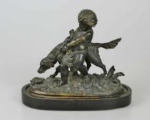 Auguste Joseph PEIFFER (1832-1886), Bronze "Putto mit Jagdhund", dunkel patiniert, naturalistisch