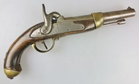 Perkussionspistole, wohl Frankreich um 1850. Runder Lauf im Kaliber 14 mm. Auf der Schlossplatte