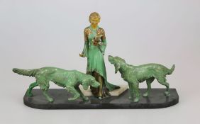 Art Deco, Figurengruppe, Art Menneville et Rochard, "Dame mit zwei Settern", 1. H. 20. Jh., wohl