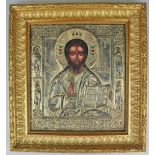 Ikone, Christus Pantokrator, Russland, 19. Jh., Holz mit Oklad. Der Weltenherrscher als