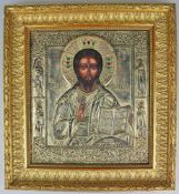 Ikone, Christus Pantokrator, Russland, 19. Jh., Holz mit Oklad. Der Weltenherrscher als