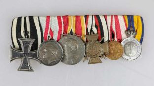 Ordensschnalle mit 6 Auszeichnungen, Eiserne Kreuz 2. Klasse 1914, Hessen Tapferkeitsmedaille, Baden