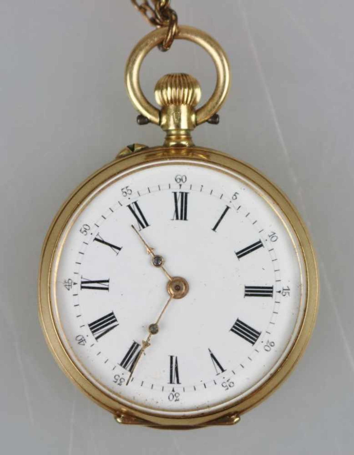 Kleine Damen Taschenuhr an Kette, 585er Gelbgold, rundes Goldgehäuse punziert mit Kontrollstempel - Image 2 of 5