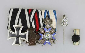 Ordensschnalle mit 3 Auszeichnungen, Eiserne Kreuz 2. Klasse 1914, FEK und Serbien St. Sava Orden