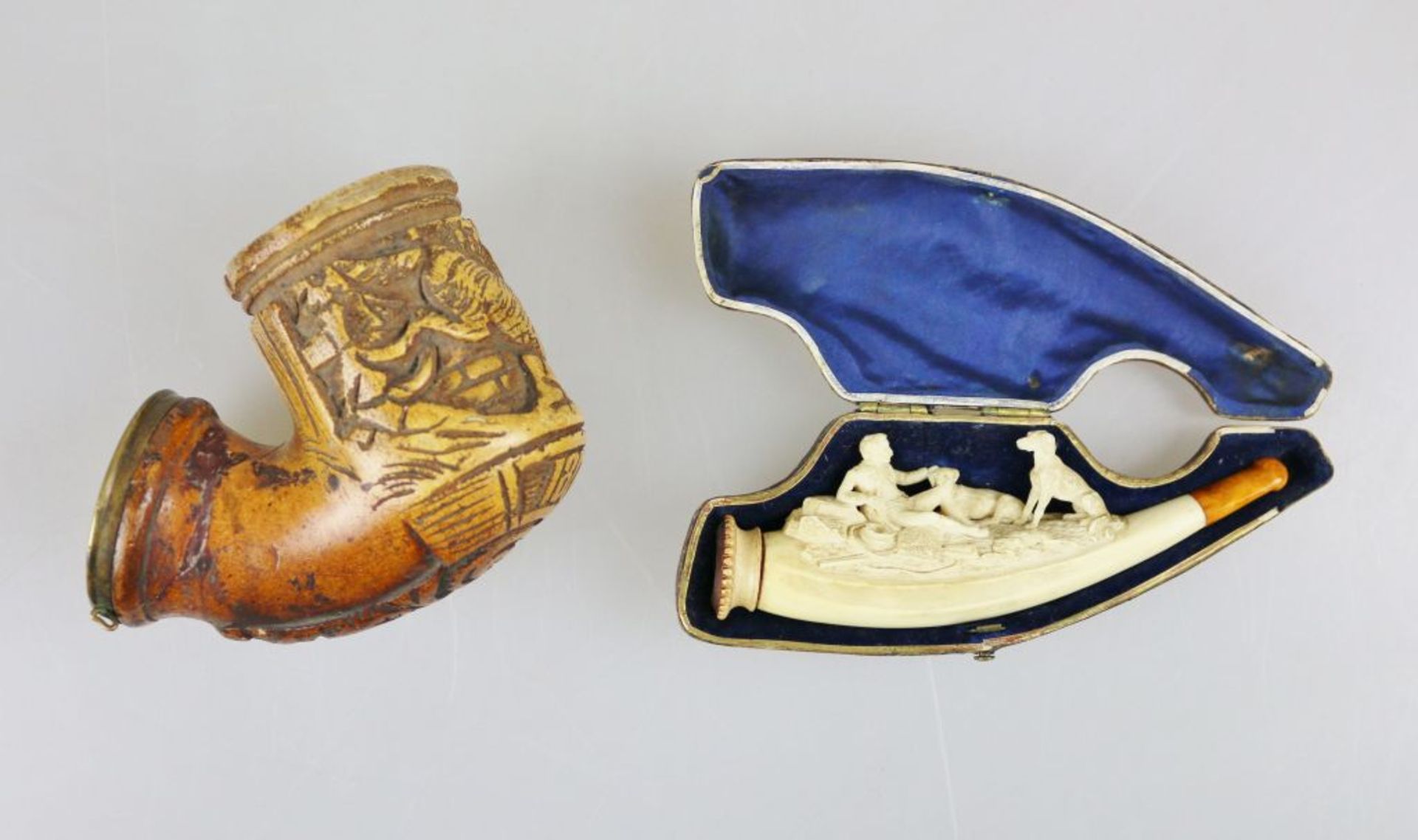 Konvolut von Pfeifenkopf und Zigarrenhalter, 19. Jh./ Anfang 20. Jh., Meerschaum geschnitzt, Kopf